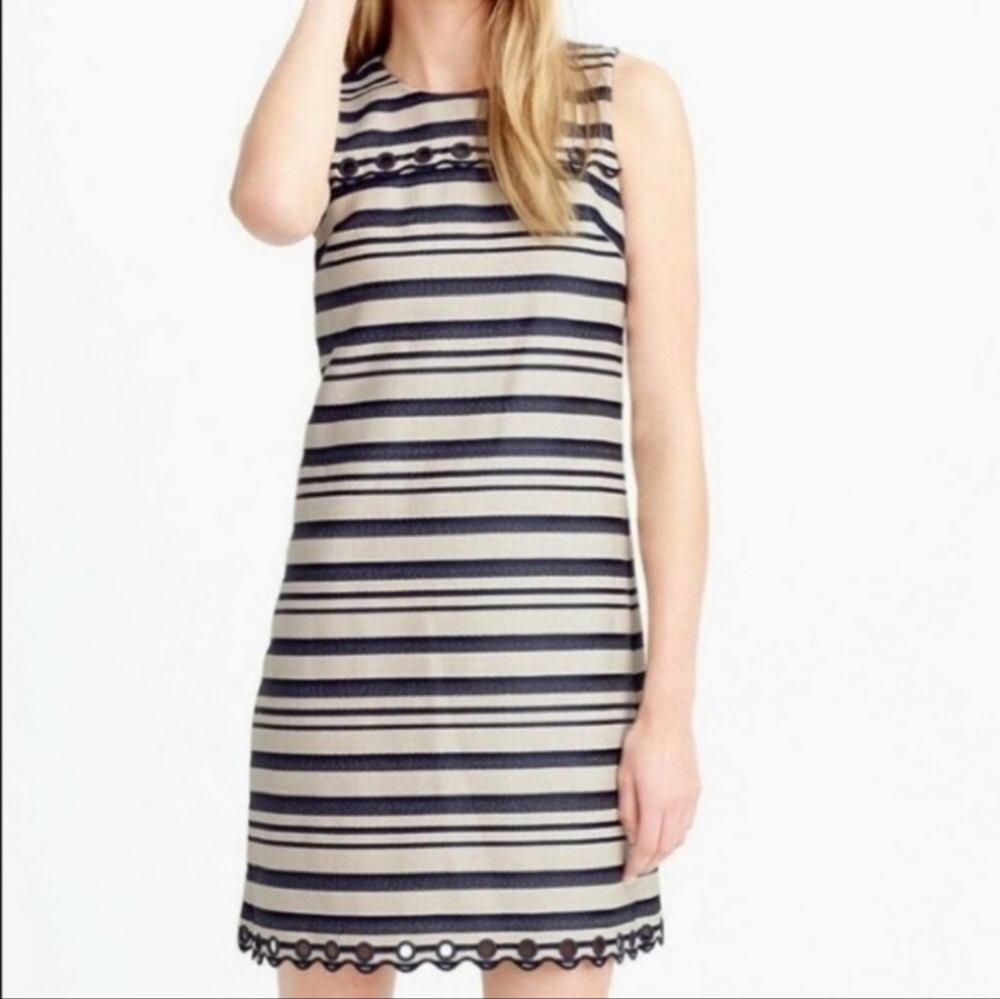 J.Crew Nautical Scalloped Shift Neutral Ivory Navy Striped Midi Dress 0‎